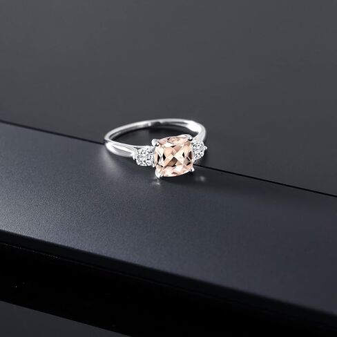 GEM Stone King 10K White Gold Peach Morganite و Moissanite 3 خاتم الخطوبة الحجري للنساء (1.56 CTTW ، وسادة 7 مم ، الأحجار الكريمة شهر أكتوبر) in Saudi Arabia