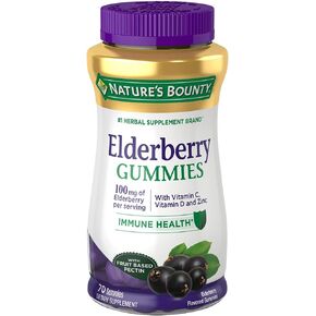يحتوي كومبيات Nature's Bounty Elderberry ، الدعم المناعي ، على فيتامين A و C و D و E و Zinc ، 40 Gummies in Kuwait