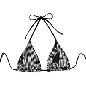 WDIRARA Women's Star Pattern Triangle Cup Halter Y2K Swim Tops Summer Tie Backless Sequin Patched Glitter Bikini Top in Kuwait