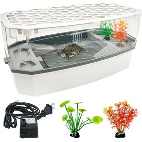 Hamiledyi Small Turtle Tank Kit with Lid Acrylic Turtle Aquarium with Water Pump Basking Platform Bottom Drainage Multi-Function Area Turtle Habitat for Turtles Crabs Crayfish Tortoises in Kuwait