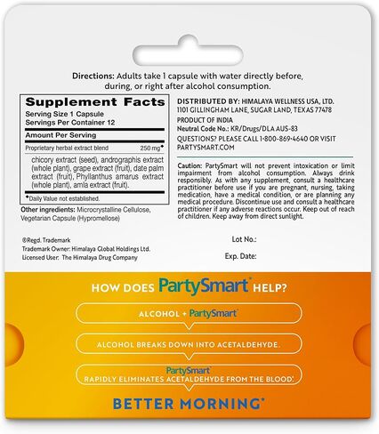 Himalaya PartySmart, One Capsule for a Better Morning, Plant-Based Liver Support for a Better Morning After Drinking, Clinically Studied, Non-GMO Project Verified, 28 Capsule Larger Size in Kuwait