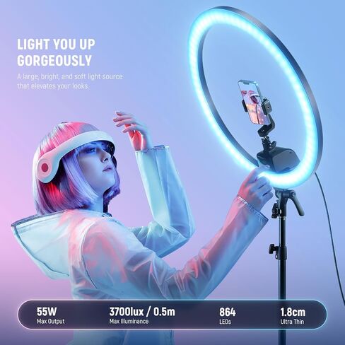 مصباح حلقة NEEWER مقاس 18 بوصة مع حامل، مصباح LED كبير بقدرة 55 وات 5600 كلفن مع حذاء بارد وحامل هاتف لتصوير كاميرا الهاتف الذكي، البث المباشر، السيلفي، الماكياج، تسجيل فيديو صور الاستوديو، RL-18 in Saudi Arabia