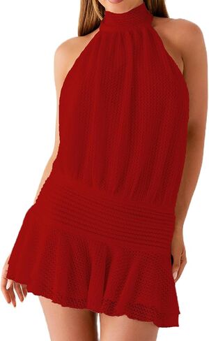 Women's 2025 Summer Halter Dress Sleeveless Open Back Ruffle Tiered Layered Chiffon Pleated A Line Swing Mini Dress in Saudi Arabia