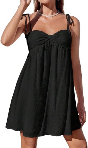 Women Sexy Tie Shoulder Cami Dress Casual Loose Sleeveless Backless Spaghetti Strap Ruched Layered Flowy Dress in Saudi Arabia