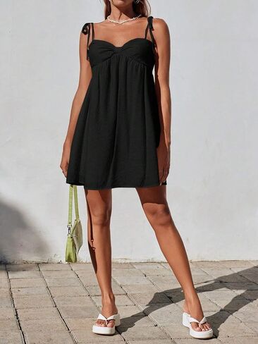 Women Sexy Tie Shoulder Cami Dress Casual Loose Sleeveless Backless Spaghetti Strap Ruched Layered Flowy Dress in Saudi Arabia