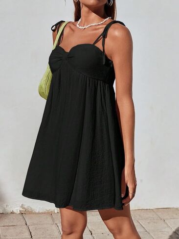 Women Sexy Tie Shoulder Cami Dress Casual Loose Sleeveless Backless Spaghetti Strap Ruched Layered Flowy Dress in Saudi Arabia