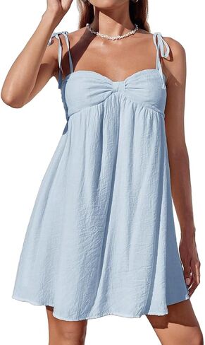 Women Sexy Tie Shoulder Cami Dress Casual Loose Sleeveless Backless Spaghetti Strap Ruched Layered Flowy Dress in Saudi Arabia