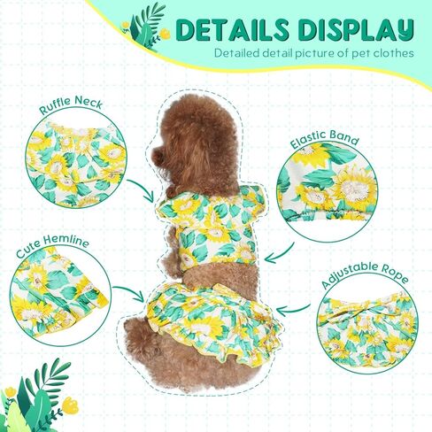 فساتين الكلاب ، ملابس الكلاب ، فساتين الحيوانات الأليفة للصيف ، زي جرو فاخر مع أعلى محصول وتنورة ، تنورة كلب لطيف مع عزر عباد الشمس ، ملابس القط (أصفر وخضراء ، x-large ، 2 pcs) in Kuwait