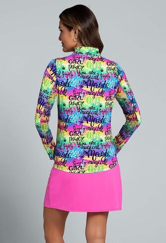 IBKUL Athleisure Wear Sun Protective UPF 50+ Icefil Cooling Girl Power Print Long Sleeve Mock Neck Top Hot Pink Multi Girl Power L in Saudi Arabia