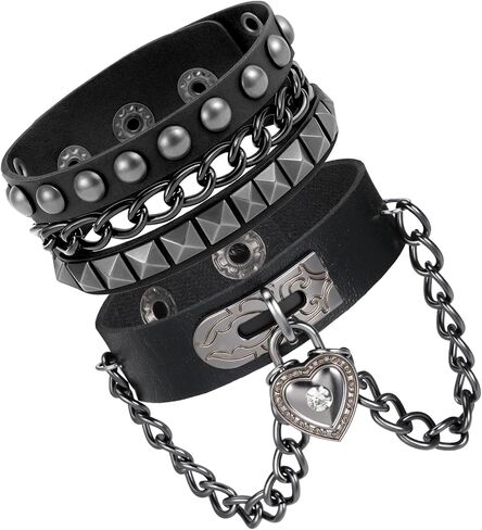Grevosea Rivet Bracelet, Multilayer Heart Pendant Leather Punk Bracelet, Adjustable Black Cuff with Rivet Studs Chain Wristband for Rock Sports in Saudi Arabia