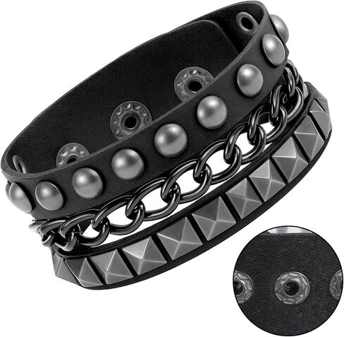 Grevosea Rivet Bracelet, Multilayer Heart Pendant Leather Punk Bracelet, Adjustable Black Cuff with Rivet Studs Chain Wristband for Rock Sports in Saudi Arabia