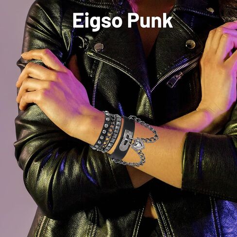 Grevosea Rivet Bracelet, Multilayer Heart Pendant Leather Punk Bracelet, Adjustable Black Cuff with Rivet Studs Chain Wristband for Rock Sports in Saudi Arabia