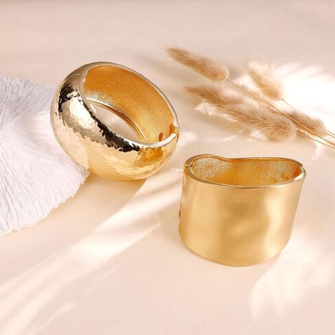 2Pcs 18K Gold Plated Wide Chunky Gold Cuff Bracelets for Women Thick Waterdrop Cuff Bangle Bracelets Trendy Hinged Open Wrist Gold Bracelets in Saudi Arabia