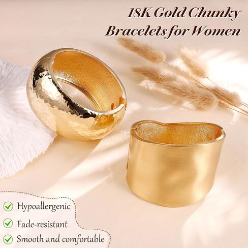 2Pcs 18K Gold Plated Wide Chunky Gold Cuff Bracelets for Women Thick Waterdrop Cuff Bangle Bracelets Trendy Hinged Open Wrist Gold Bracelets in Saudi Arabia