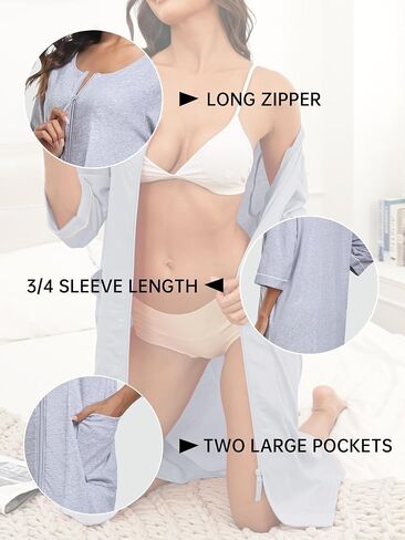 EA'S SECRET Women 100% Cotton Robe Summer Short Sleeve Zip Front Robes Soft Knit Lightweight Bathrobe 1Piece in Kuwait