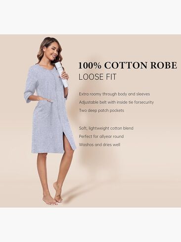 EA'S SECRET Women 100% Cotton Robe Summer Short Sleeve Zip Front Robes Soft Knit Lightweight Bathrobe 1Piece in Kuwait