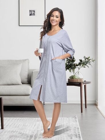 EA'S SECRET Women 100% Cotton Robe Summer Short Sleeve Zip Front Robes Soft Knit Lightweight Bathrobe 1Piece in Kuwait