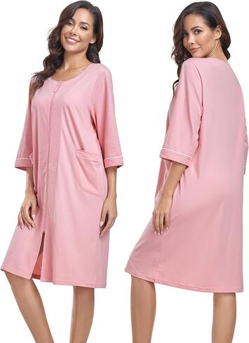 EA'S SECRET Women 100% Cotton Robe Summer Short Sleeve Zip Front Robes Soft Knit Lightweight Bathrobe 1Piece in Kuwait