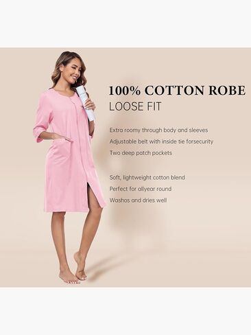 EA'S SECRET Women 100% Cotton Robe Summer Short Sleeve Zip Front Robes Soft Knit Lightweight Bathrobe 1Piece in Kuwait