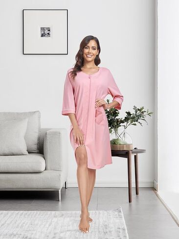 EA'S SECRET Women 100% Cotton Robe Summer Short Sleeve Zip Front Robes Soft Knit Lightweight Bathrobe 1Piece in Kuwait