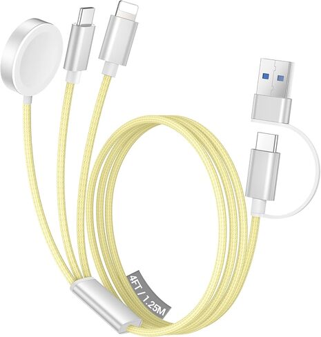 كابل Temdan 3 في 2 USB C لشاحن Apple Watch iPhone 16 Charger/Type C/Lightning Nylon مضفر متعدد كابل شحن أساسيات السفر متوافق مع iWatch Ultra/SE/10-1&iPhone 16/15/14/13/12-4FT in Kuwait