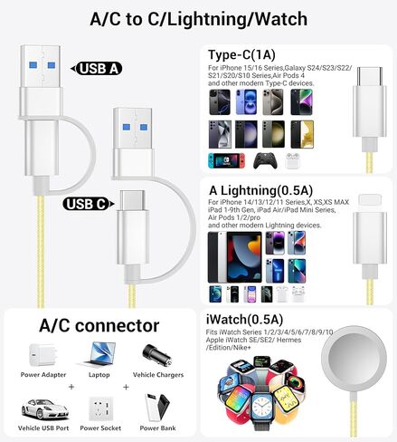 كابل Temdan 3 في 2 USB C لشاحن Apple Watch iPhone 16 Charger/Type C/Lightning Nylon مضفر متعدد كابل شحن أساسيات السفر متوافق مع iWatch Ultra/SE/10-1&iPhone 16/15/14/13/12-4FT in Kuwait