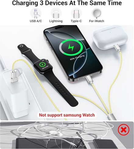 كابل Temdan 3 في 2 USB C لشاحن Apple Watch iPhone 16 Charger/Type C/Lightning Nylon مضفر متعدد كابل شحن أساسيات السفر متوافق مع iWatch Ultra/SE/10-1&iPhone 16/15/14/13/12-4FT in Kuwait