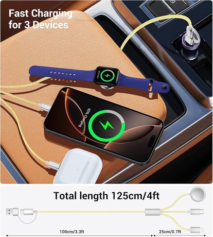 كابل Temdan 3 في 2 USB C لشاحن Apple Watch iPhone 16 Charger/Type C/Lightning Nylon مضفر متعدد كابل شحن أساسيات السفر متوافق مع iWatch Ultra/SE/10-1&iPhone 16/15/14/13/12-4FT in Kuwait