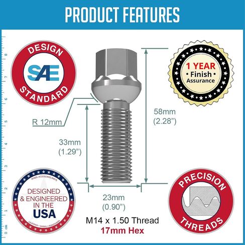 Wheel Accessories Parts Set of 20 Chrome 14x1.5 Lug Bolts Ball Seat (R12) 33mm Shank Length, M14 1.5 Thread, 17mm Hex Wheel Lug Bolts with Dual Hex Key (20, Chrome, M14x1.5) in Saudi Arabia