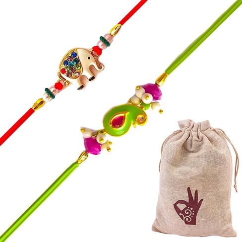مجموعة Hathkaam من 2 Rakhi لأخ | مصمم Rakhi سوار يدوي Rakhi | Rakhi for Brother مصنوع من خيوط رائعة ملونة للخرز للمهرجان الهندي Raksha Bandhan in Kuwait