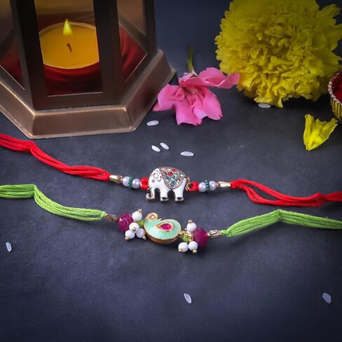 مجموعة Hathkaam من 2 Rakhi لأخ | مصمم Rakhi سوار يدوي Rakhi | Rakhi for Brother مصنوع من خيوط رائعة ملونة للخرز للمهرجان الهندي Raksha Bandhan in Kuwait