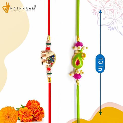 مجموعة Hathkaam من 2 Rakhi لأخ | مصمم Rakhi سوار يدوي Rakhi | Rakhi for Brother مصنوع من خيوط رائعة ملونة للخرز للمهرجان الهندي Raksha Bandhan in Kuwait