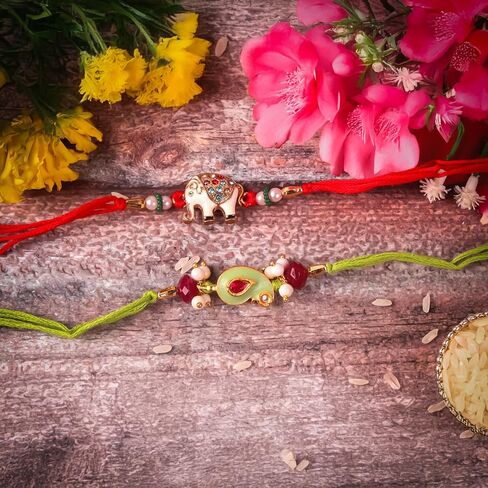 مجموعة Hathkaam من 2 Rakhi لأخ | مصمم Rakhi سوار يدوي Rakhi | Rakhi for Brother مصنوع من خيوط رائعة ملونة للخرز للمهرجان الهندي Raksha Bandhan in Kuwait