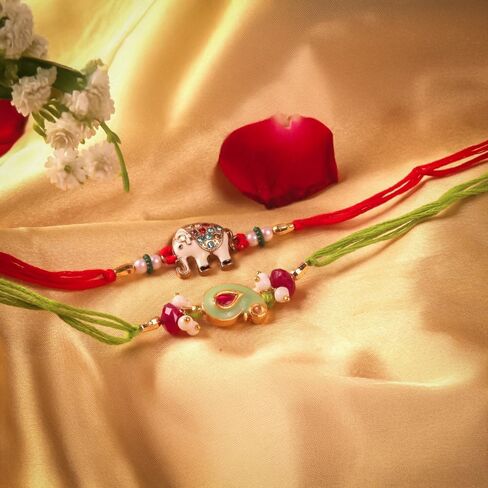 مجموعة Hathkaam من 2 Rakhi لأخ | مصمم Rakhi سوار يدوي Rakhi | Rakhi for Brother مصنوع من خيوط رائعة ملونة للخرز للمهرجان الهندي Raksha Bandhan in Kuwait