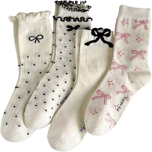 Wdirara Women's 4 Pairs Cute Bow Long Socks Noft Soft Frilly Sock for Girl Teen in Kuwait