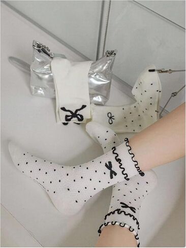Wdirara Women's 4 Pairs Cute Bow Long Socks Noft Soft Frilly Sock for Girl Teen in Kuwait