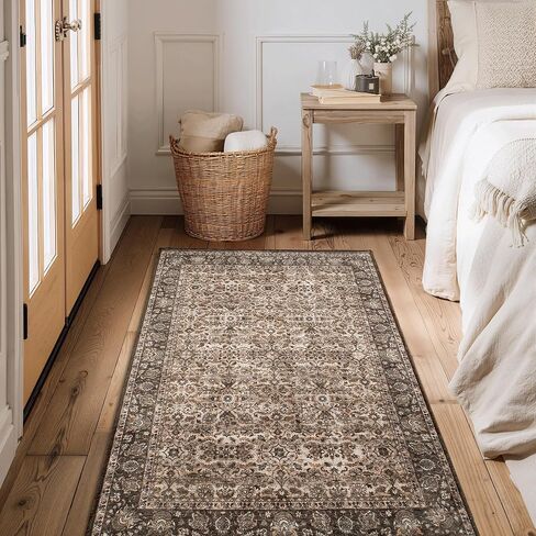 RYB HOME Brown Washable Runner Rug 2x6 for Enterway Hallway, Floral Vintage Distresssed Rug Soft Faux Wool Stain Resistant Non Slip Door Mat Runner for Kitchen Bathroom Laundry, 2x6 ft in Kuwait