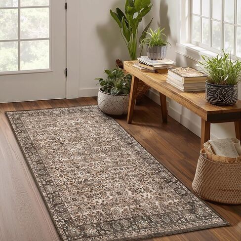 RYB HOME Brown Washable Runner Rug 2x6 for Enterway Hallway, Floral Vintage Distresssed Rug Soft Faux Wool Stain Resistant Non Slip Door Mat Runner for Kitchen Bathroom Laundry, 2x6 ft in Kuwait