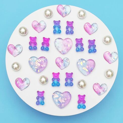 30Pcs Crystal Shoe Charms inlaid with Glitter Powder for Clog Sandals Girls, Love Hearts, Gummy Bears, Bling Pearl Accessories, DIY Shoe Decorative Charms for Party Favor in Kuwait