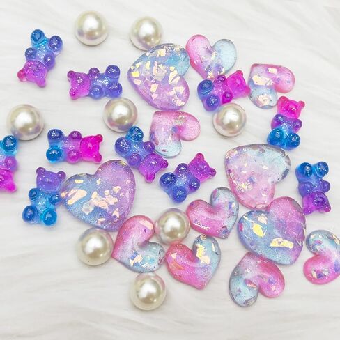 30Pcs Crystal Shoe Charms inlaid with Glitter Powder for Clog Sandals Girls, Love Hearts, Gummy Bears, Bling Pearl Accessories, DIY Shoe Decorative Charms for Party Favor in Kuwait