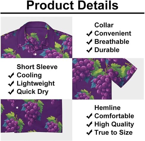Grapes Men's Hawaiian Printed Shirts Button Down Short Sleeve Shirt Classic Fit Top in Saudi Arabia