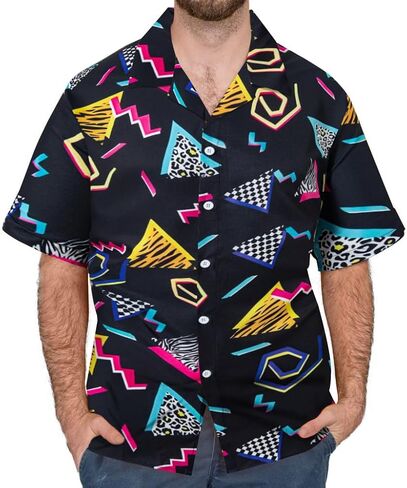Latobreath Classic 80s 90s Men Disco Disrts Hawaiian Beach Shirt Button Up Retro Neon Funder Party in Kuwait