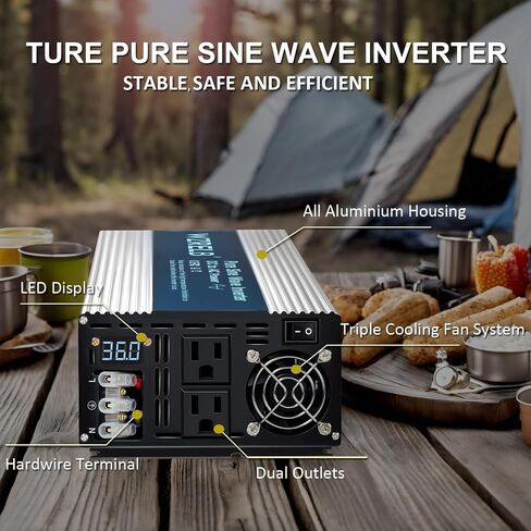 WZRELB 4000W Pure Sine Wave Inverter 36V DC to 110V 120V AC Power Converter with LED Display, Hardwire Terminal,Off-Grid Portable Power Inverter with Dual AC Outlets for Home, RV, Truck, Camping in Saudi Arabia