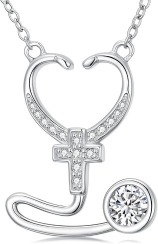 ZBA Natural Diamond Stethoscope Necklace for Nurse Dorctor, 18K White Gold Plated S925 Sterling Silver Nursing Jewelry Appreciation Gifts for Women 20inches (F-G,I1-I2) in Kuwait