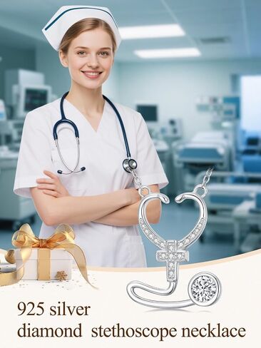 ZBA Natural Diamond Stethoscope Necklace for Nurse Dorctor, 18K White Gold Plated S925 Sterling Silver Nursing Jewelry Appreciation Gifts for Women 20inches (F-G,I1-I2) in Kuwait
