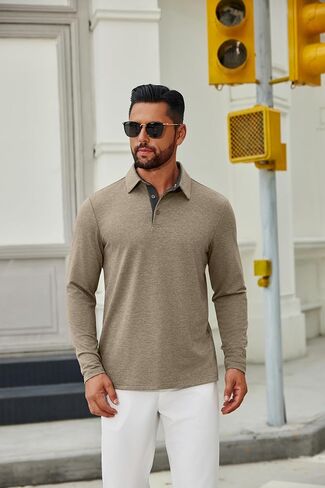 COOFANDY Mens Long Sleeve Polo Shirts Button Casual Tee Collared Work Pullover Shirts in Kuwait