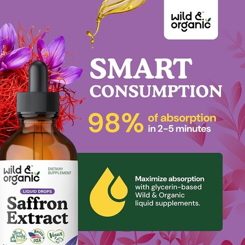 Wild & Organic Saffron Tincture - 88.5 mg Saffron Extract Drops for Mood, Focus, Eye Support - Crocus Sativus Liquid Extract - Vegan, Alcohol & Sugar-Free Supplement - 4 fl oz in Saudi Arabia