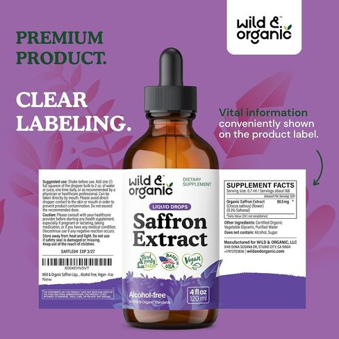 Wild & Organic Saffron Tincture - 88.5 mg Saffron Extract Drops for Mood, Focus, Eye Support - Crocus Sativus Liquid Extract - Vegan, Alcohol & Sugar-Free Supplement - 4 fl oz in Saudi Arabia