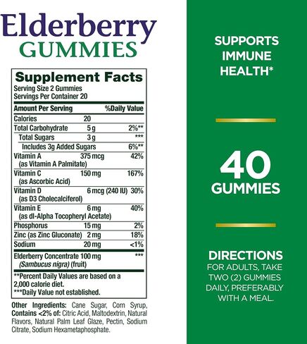 Nature's Bounty Elderberry Gummies, Immune Support, Contains Vitamin A, C, D, E and Zinc, 40 Gummies in Saudi Arabia