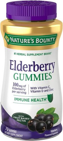 يحتوي كومبيات Nature's Bounty Elderberry ، الدعم المناعي ، على فيتامين A و C و D و E و Zinc ، 40 Gummies in Kuwait